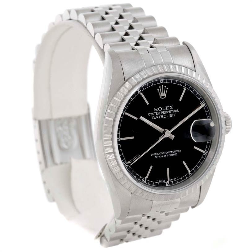 This image shows a Rolex Datejust 16220 Men
s Stainless Steel Black Dial 16220 Men
s Stainless Steel Black Dial watch, displayed at a slight left angle, featuring its black dial, fluted bezel, and jubilee bracelet.