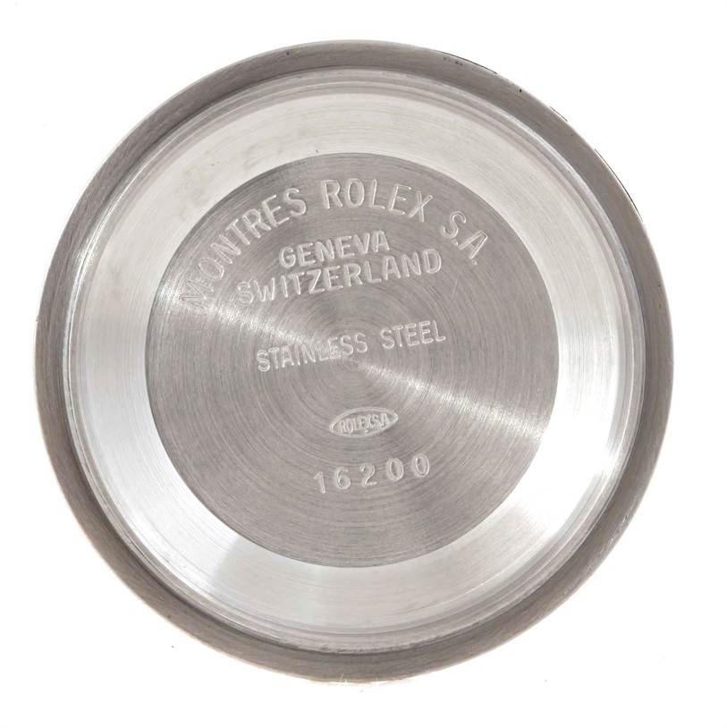 This image shows the stainless steel case back of a Rolex Datejust 16220 Men
s Stainless Steel Black Dial 16220 Men
s Stainless Steel Black Dial model, viewed from the interior side.