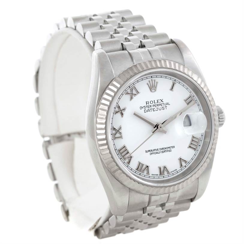 This image shows a Rolex Datejust 116234 Women's Stainless Steel White Dial 116234 Women's Stainless Steel White Dial watch from an angled view, highlighting its face, bezel, crown, and bracelet.