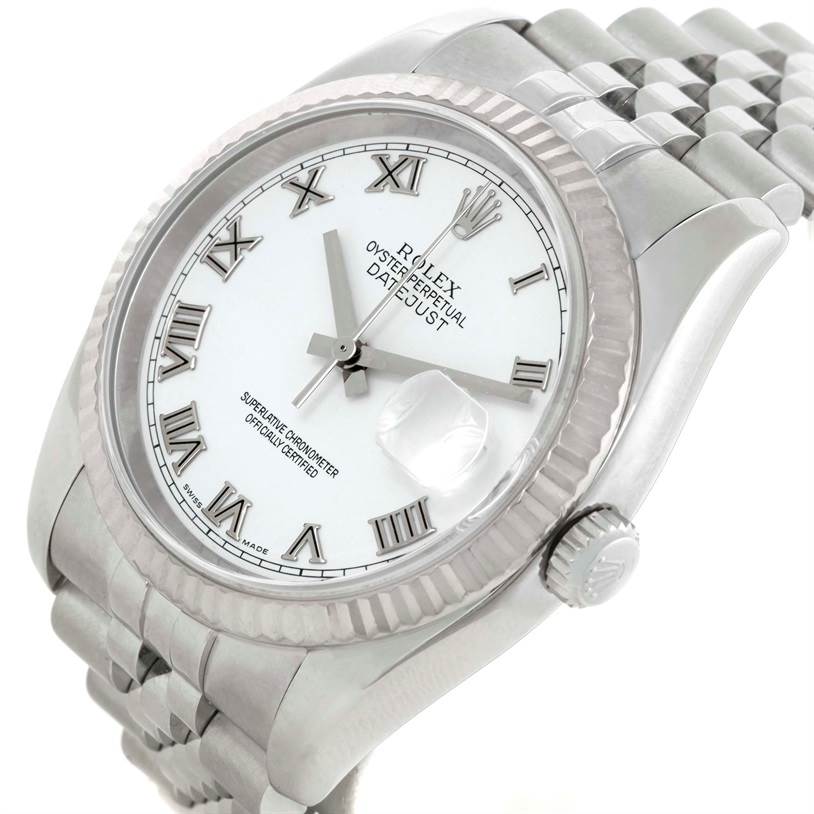 This image captures a Rolex Datejust 116234 Women's Stainless Steel White Dial 116234 Women's Stainless Steel White Dial watch at an angle showing its dial, fluted bezel, crown, and part of the bracelet.
