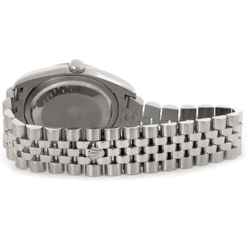 This image shows the back case and bracelet of a Rolex Datejust 116234 Women's Stainless Steel White Dial 116234 Women's Stainless Steel White Dial watch from a rear angle.