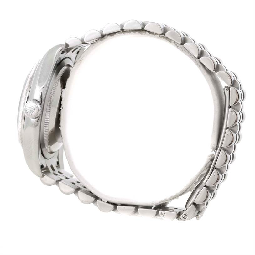 The image shows a side profile of the Rolex Datejust 116234 Women's Stainless Steel White Dial 116234 Women's Stainless Steel White Dial watch, highlighting the bezel, crown, and bracelet.