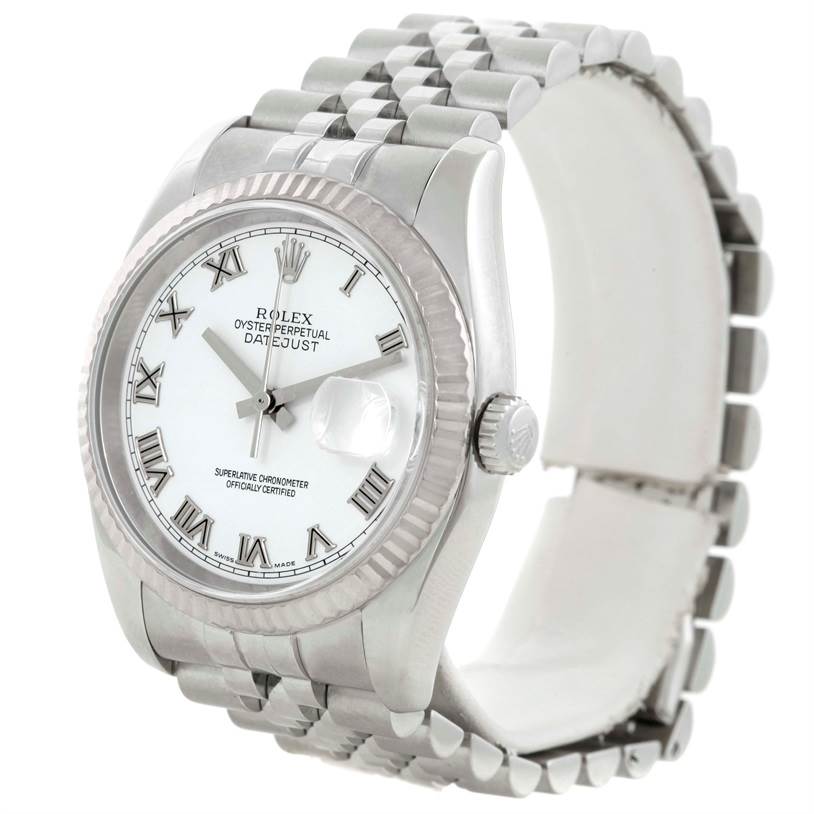This image shows a Rolex Datejust 116234 Women's Stainless Steel White Dial 116234 Women's Stainless Steel White Dial watch from the front-left angle, highlighting the dial, bezel, and bracelet.