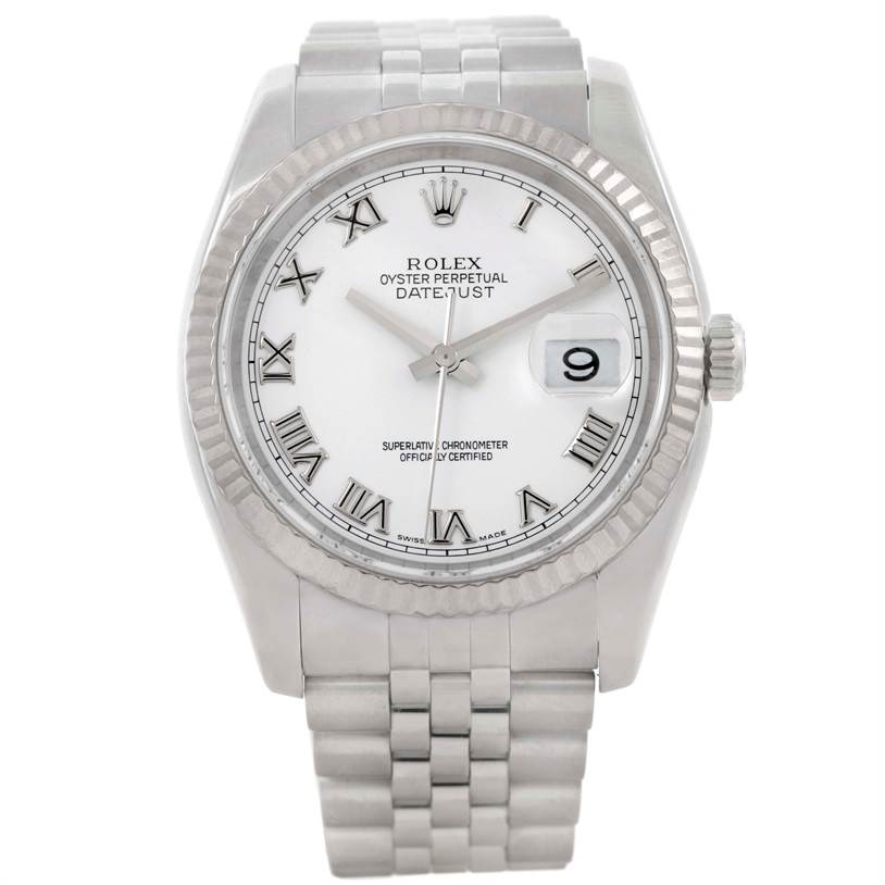 This image shows a front view of a Rolex Datejust 116234 Women's Stainless Steel White Dial 116234 Women's Stainless Steel White Dial watch, highlighting its dial, bezel, and bracelet.