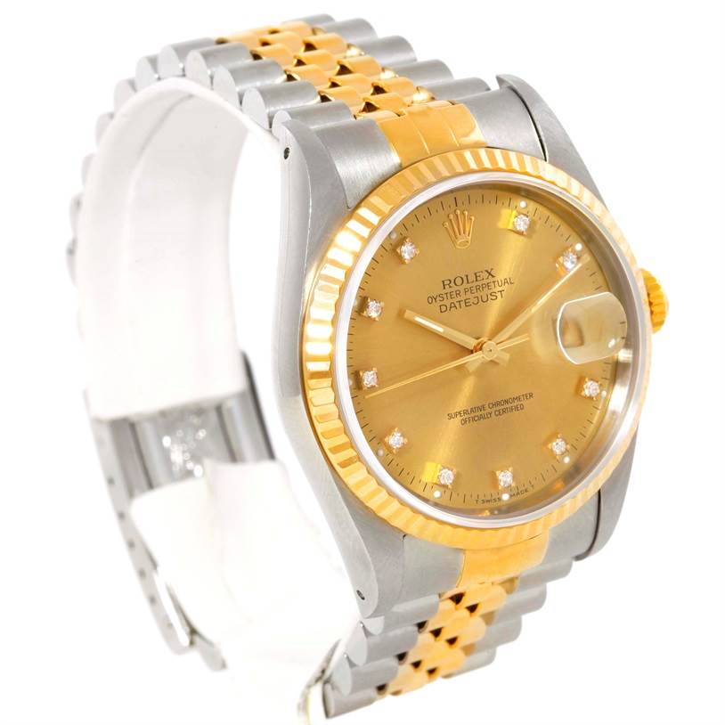 This image shows the front and partial strap of the Rolex Datejust 16233 Men's Steel and Gold (two tone) Champagne Dial 16233 Men's Steel and Gold (two tone) Champagne Dial watch, highlighting its dial, bezel, and bracelet.