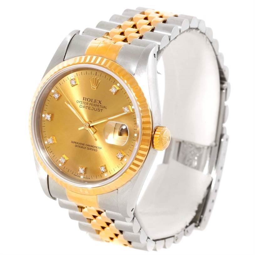 The image shows a Rolex Datejust 16233 Men's Steel and Gold (two tone) Champagne Dial 16233 Men's Steel and Gold (two tone) Champagne Dial watch at a three-quarter angle, highlighting the face, bezel, crown, and bracelet.