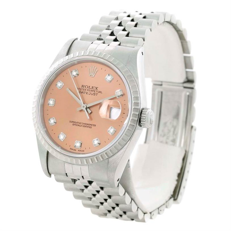 Rolex Datejust Salmon Diamond Dial Stainless Steel Mens Watch 16220 SwissWatchExpo