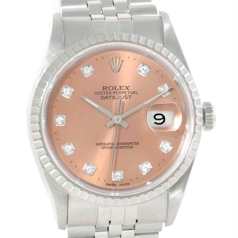 Rolex Datejust Salmon Diamond Dial Stainless Steel Mens Watch 16220 ...