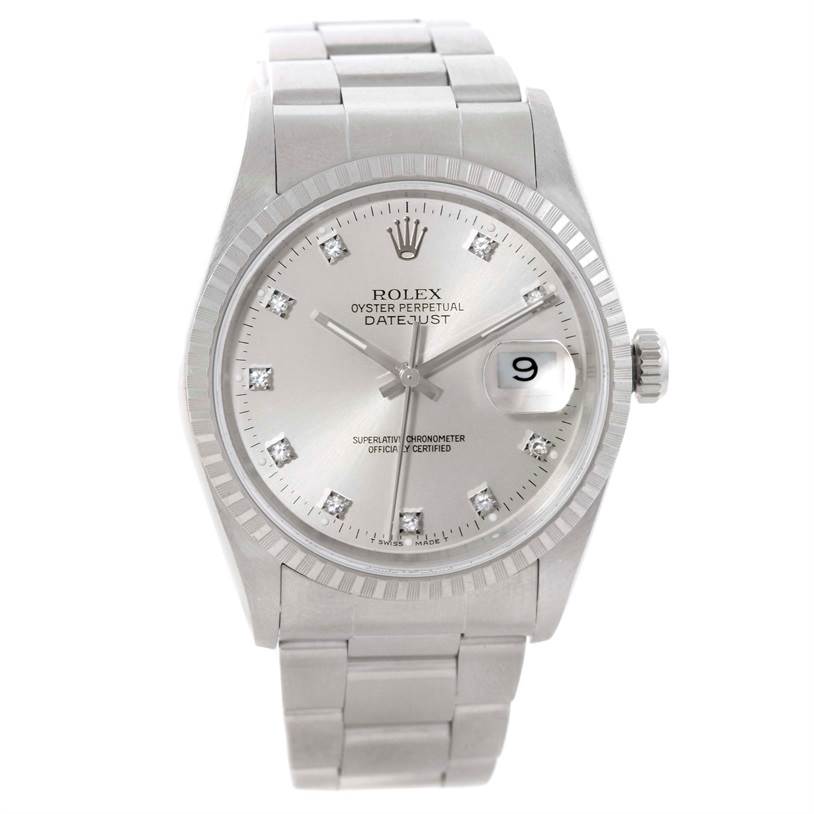 The image shows a Rolex Datejust 16220 Men's Stainless Steel Silver Dial 16220 Men's Stainless Steel Silver Dial watch from the front, highlighting the dial, hands, date window, bracelet, and fluted bezel.