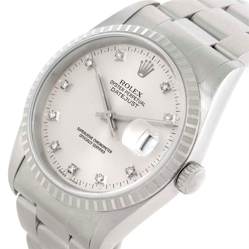 The image shows a Rolex Datejust 16220 Men's Stainless Steel Silver Dial 16220 Men's Stainless Steel Silver Dial watch at an angled close-up, highlighting the face, crown, bezel, and part of the bracelet.