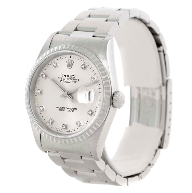 The image shows a Rolex Datejust 16220 Men's Stainless Steel Silver Dial 16220 Men's Stainless Steel Silver Dial watch at a slight angle, highlighting the dial, bezel, bracelet, and crown.