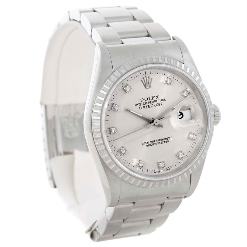 This image shows a Rolex Datejust 16220 Men's Stainless Steel Silver Dial 16220 Men's Stainless Steel Silver Dial watch from a three-quarter angle, highlighting the face, bezel, and bracelet.