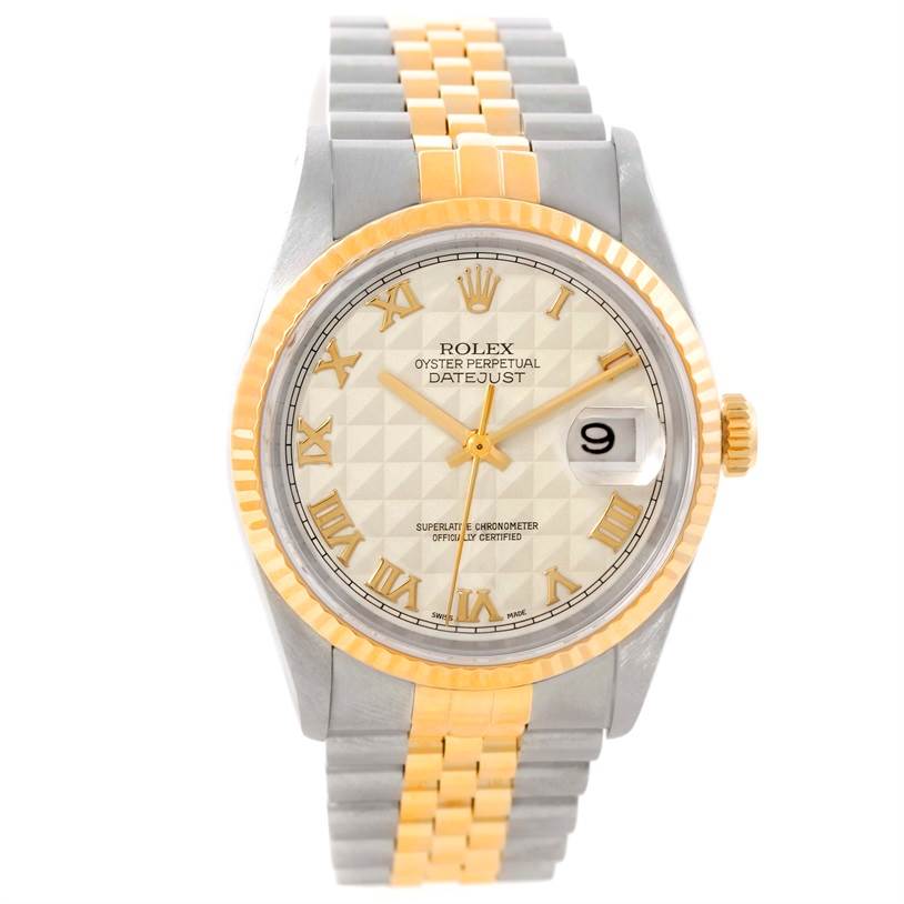 The Rolex Datejust 16233 Men's Steel and Gold (two tone) Beige Dial 16233 Men's Steel and Gold (two tone) Beige Dial watch is shown from a front angle, highlighting the face, bezel, and bracelet.