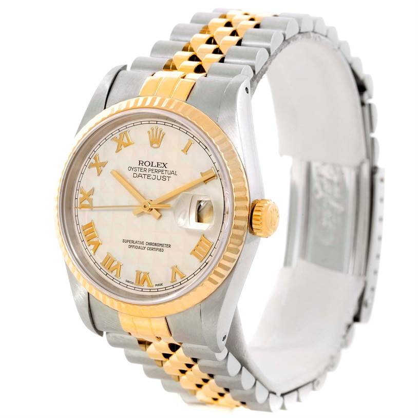 The image shows a Rolex Datejust 16233 Men's Steel and Gold (two tone) Beige Dial 16233 Men's Steel and Gold (two tone) Beige Dial watch angled to display its face, bezel, crown, and two-tone bracelet with Roman numeral markers.