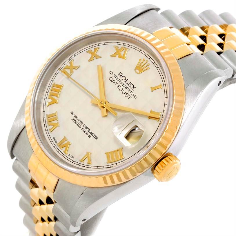 This image shows a close-up of a Rolex Datejust 16233 Men's Steel and Gold (two tone) Beige Dial 16233 Men's Steel and Gold (two tone) Beige Dial watch displaying the dial, crown, and part of the bracelet, viewed from an angled perspective.