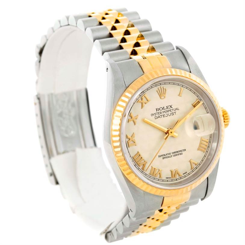 This image shows a Rolex Datejust 16233 Men's Steel and Gold (two tone) Beige Dial 16233 Men's Steel and Gold (two tone) Beige Dial watch at a three-quarter angle, highlighting the dial, bracelet, and clasp.