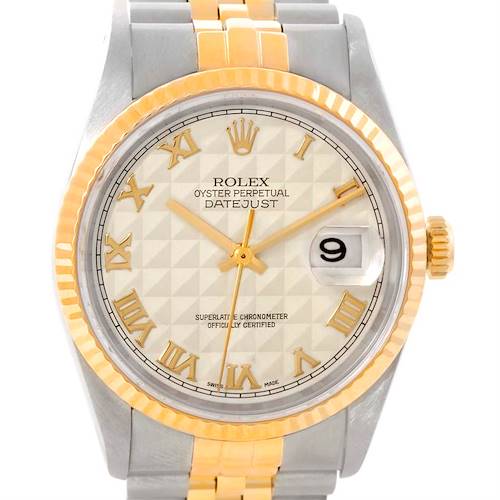 Photo of Rolex Datejust Steel 18k Yellow Gold Ivory Pyramid Dial Watch 16233