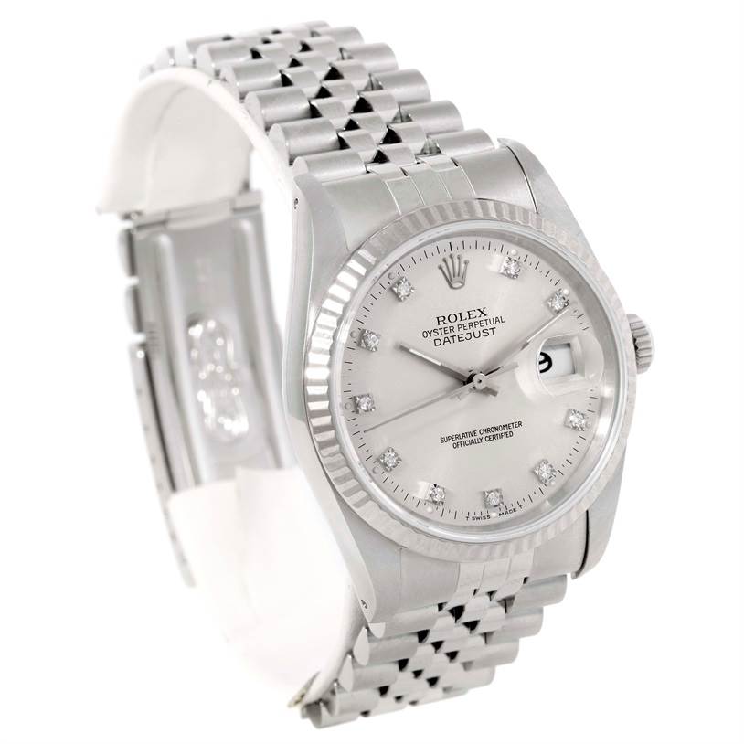 The Rolex Datejust 16234 Men's Stainless Steel Silver Dial 16234 Men's Stainless Steel Silver Dial watch is shown at an angle displaying the dial, bezel, crown, and bracelet.