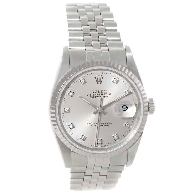 This Rolex Datejust 16234 Men's Stainless Steel Silver Dial 16234 Men's Stainless Steel Silver Dial watch is shown from a front angle, displaying the dial, bezel, crown, and Jubilee bracelet.