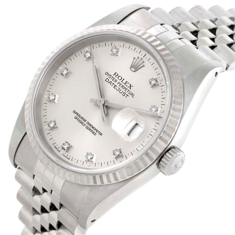 The image shows a Rolex Datejust 16234 Men's Stainless Steel Silver Dial 16234 Men's Stainless Steel Silver Dial watch at a slight angle, highlighting its face, bezel, crown, and part of the bracelet.