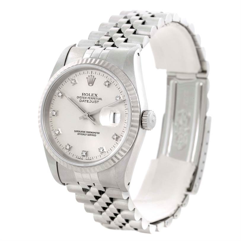 The Rolex Datejust 16234 Men's Stainless Steel Silver Dial 16234 Men's Stainless Steel Silver Dial watch is shown at an angled view, highlighting the face, crown, and Jubilee bracelet.