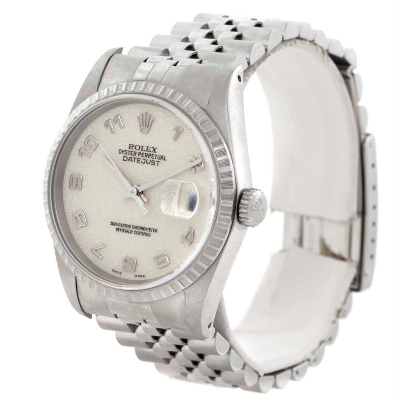 The Rolex Datejust 16220 Men's Stainless Steel Beige Dial 16220 Men's Stainless Steel Beige Dial watch is shown at a slight angle, displaying the face, bezel, crown, and partially the bracelet.