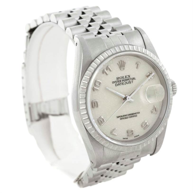 The image shows a Rolex Datejust 16220 Men's Stainless Steel Beige Dial 16220 Men's Stainless Steel Beige Dial watch from an oblique front angle, highlighting the face, bezel, and a section of the bracelet.