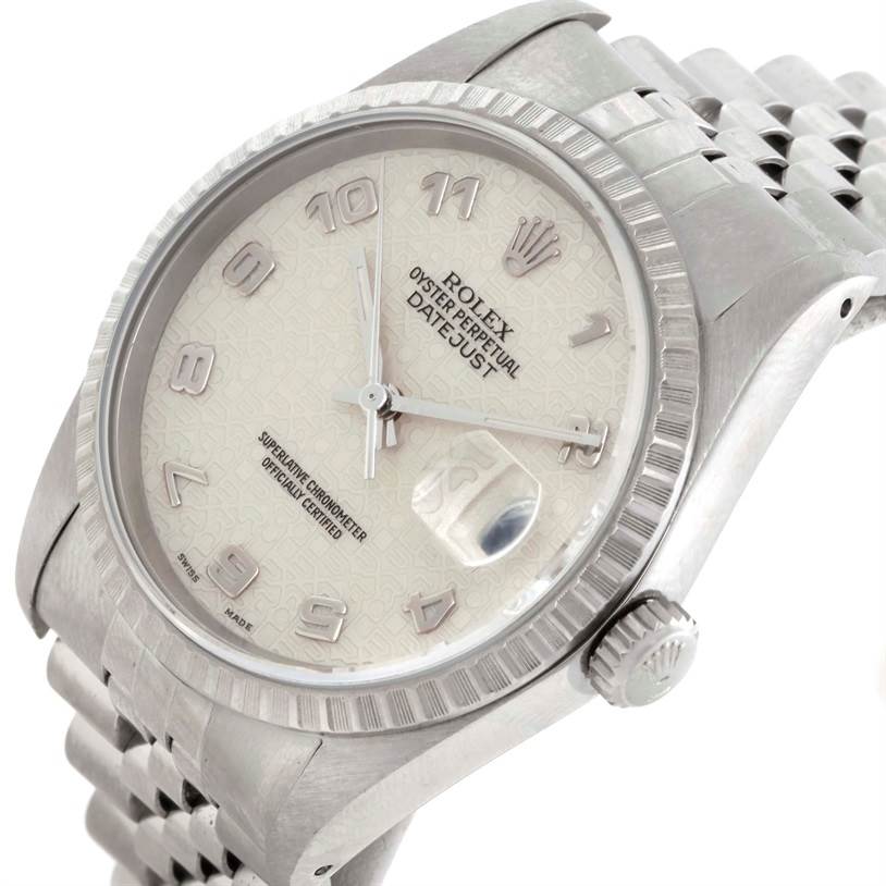 The image shows a close-up, slightly angled view of a Rolex Datejust 16220 Men's Stainless Steel Beige Dial 16220 Men's Stainless Steel Beige Dial watch, highlighting the dial, bezel, and crown.