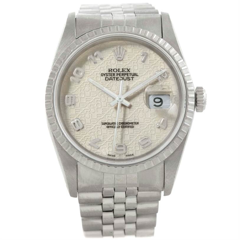This is a front view of a Rolex Datejust 16220 Men's Stainless Steel Beige Dial 16220 Men's Stainless Steel Beige Dial watch showing the dial, case, bezel, and bracelet.