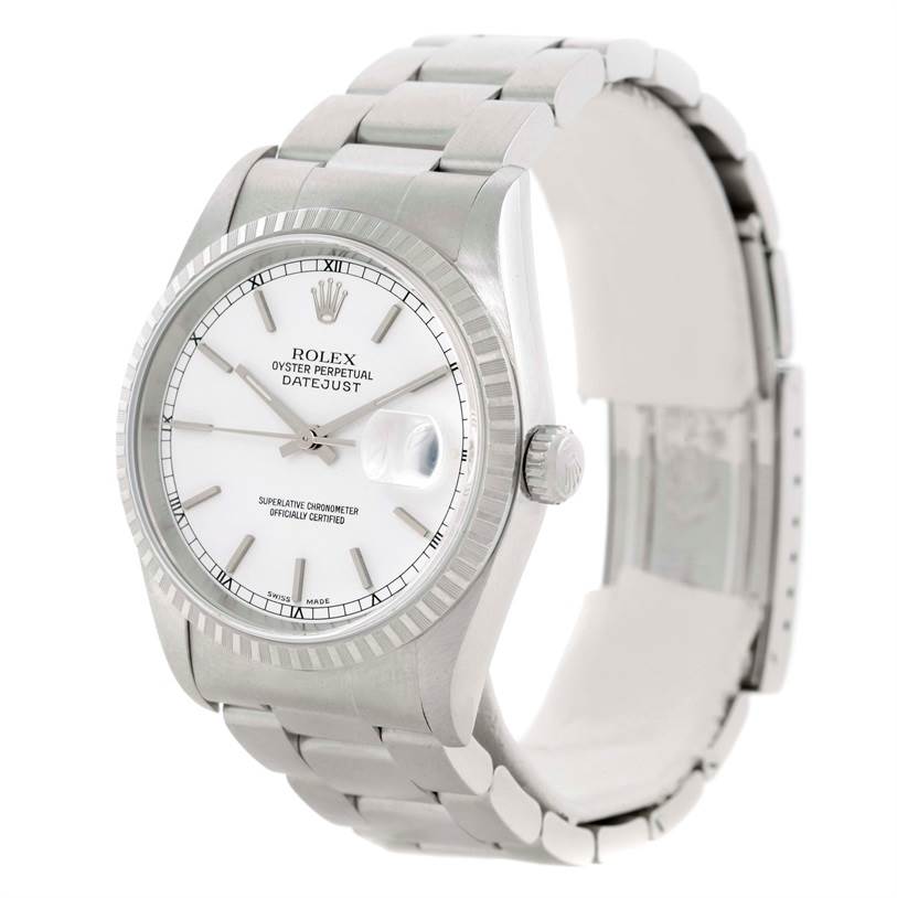 The Rolex Datejust 16220 Men's Stainless Steel Black Dial 16220 Men's Stainless Steel Black Dial watch is shown at an angle displaying its face, bezel, crown, and part of the bracelet.