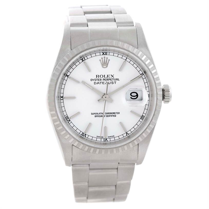 The image shows a front angle of the Rolex Datejust 16220 Men's Stainless Steel Black Dial 16220 Men's Stainless Steel Black Dial watch, highlighting its dial, bezel, and bracelet.