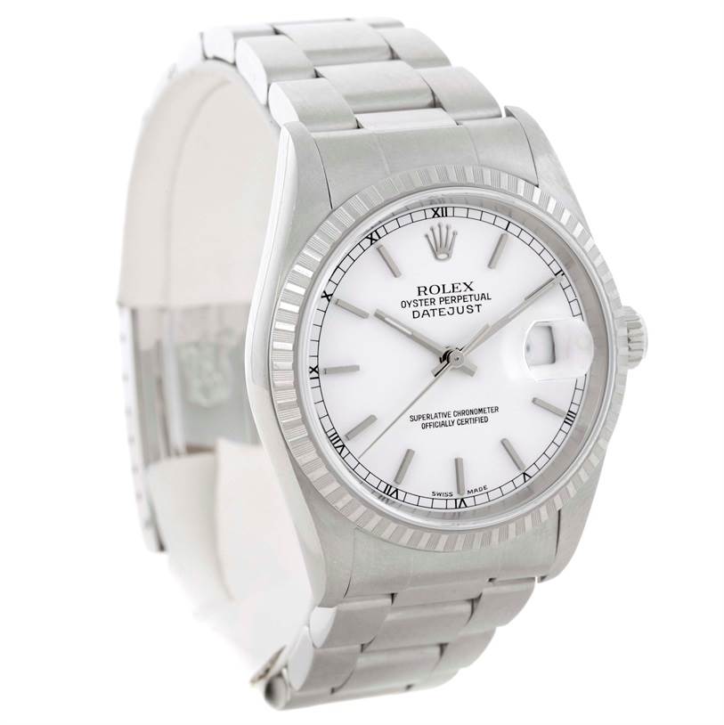 The image shows a Rolex Datejust 16220 Men's Stainless Steel Black Dial 16220 Men's Stainless Steel Black Dial watch at a three-quarter angle, highlighting the dial, bezel, crown, and bracelet.