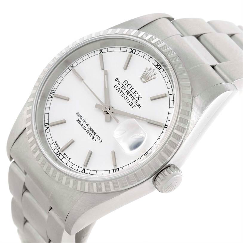 The image shows a close-up angle of the Rolex Datejust 16220 Men's Stainless Steel Black Dial 16220 Men's Stainless Steel Black Dial watch, displaying the dial, bezel, crown, and part of the Oyster bracelet.