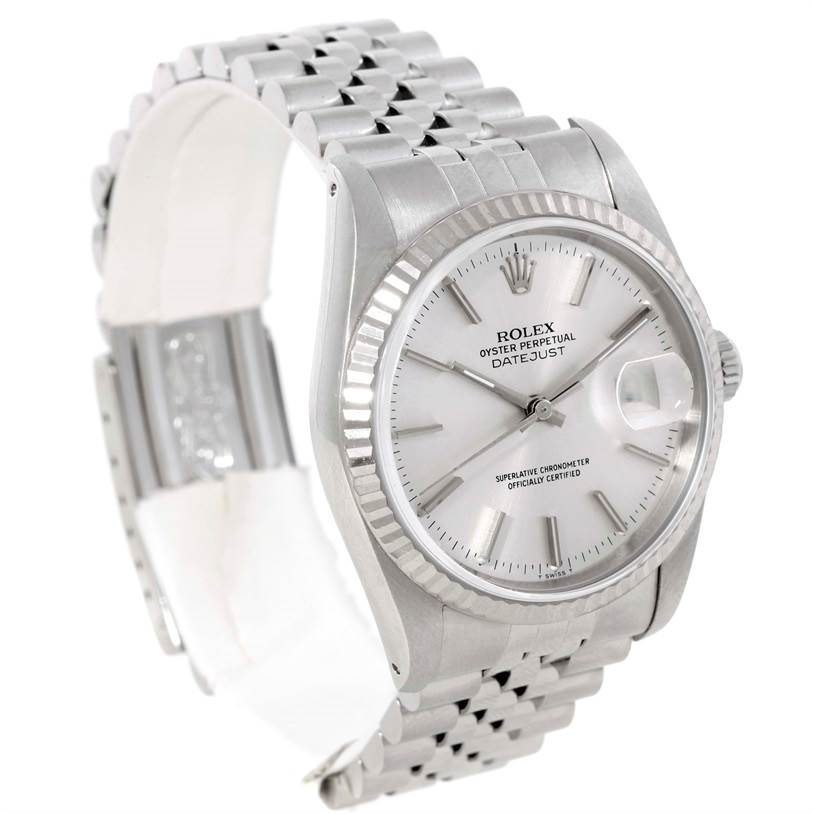 The image displays a Rolex Datejust 16234 Men's Stainless Steel Silver Dial 16234 Men's Stainless Steel Silver Dial watch at a three-quarter angle, showing the face, bezel, and bracelet.