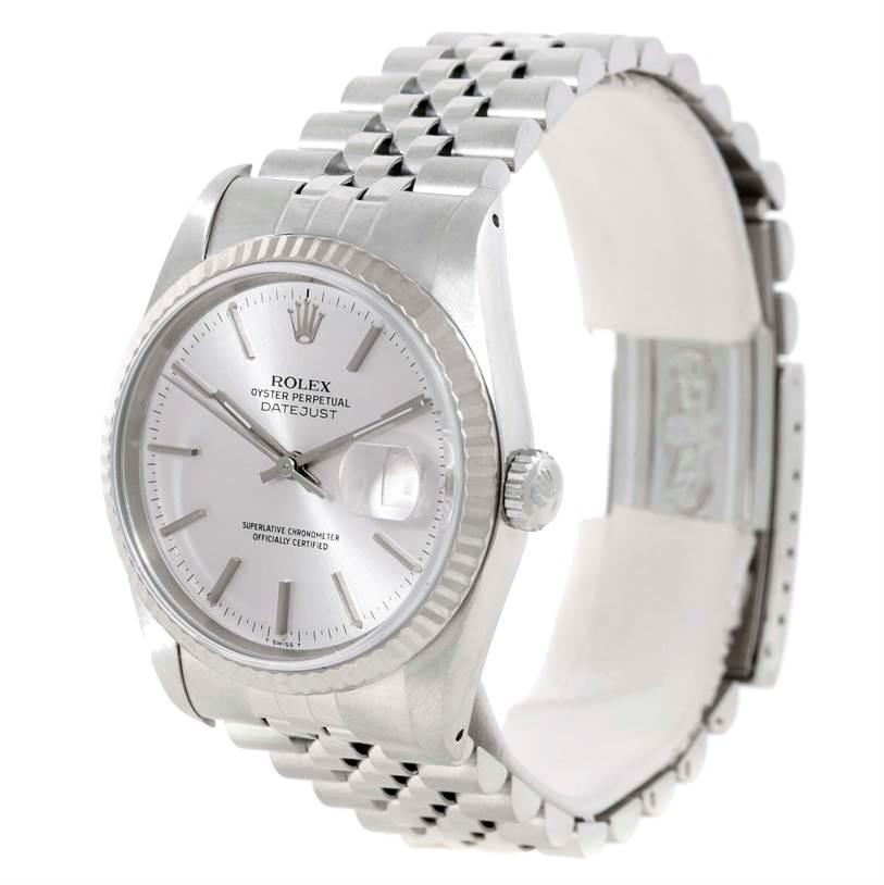 The Rolex Datejust 16234 Men's Stainless Steel Silver Dial 16234 Men's Stainless Steel Silver Dial watch is shown at a slight angle, displaying its face, bezel, crown, and part of the bracelet.