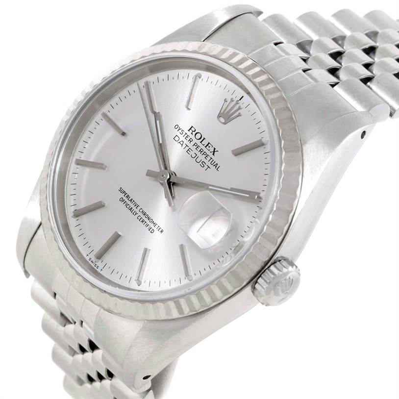 The Rolex Datejust 16234 Men's Stainless Steel Silver Dial 16234 Men's Stainless Steel Silver Dial watch is shown from a slight side angle, displaying its dial, bezel, crown, and part of the bracelet.