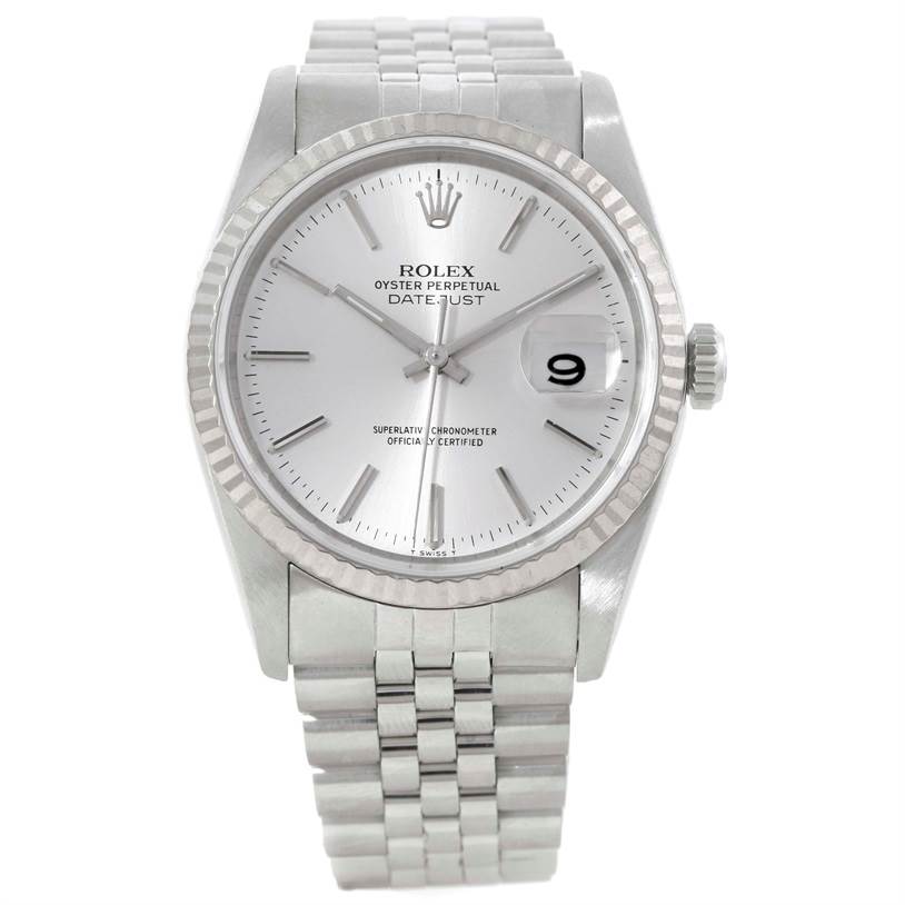 This image shows a Rolex Datejust 16234 Men's Stainless Steel Silver Dial 16234 Men's Stainless Steel Silver Dial watch from a front angle, highlighting the dial, bezel, crown, and bracelet.