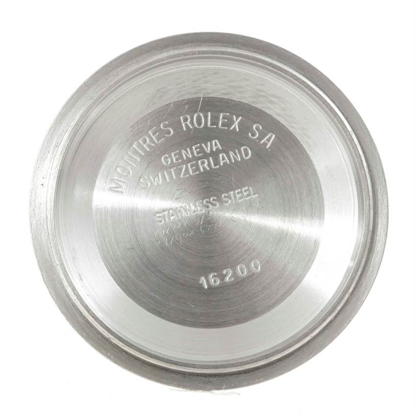 This is the inner case back of a Rolex Datejust 16234 Men's Stainless Steel Silver Dial 16234 Men's Stainless Steel Silver Dial watch, model 16200, showing the brand inscriptions and material.