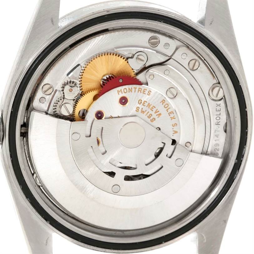 The image shows the internal movement and mechanism of a Rolex Datejust 16234 Men's Stainless Steel Silver Dial 16234 Men's Stainless Steel Silver Dial watch from a back perspective.