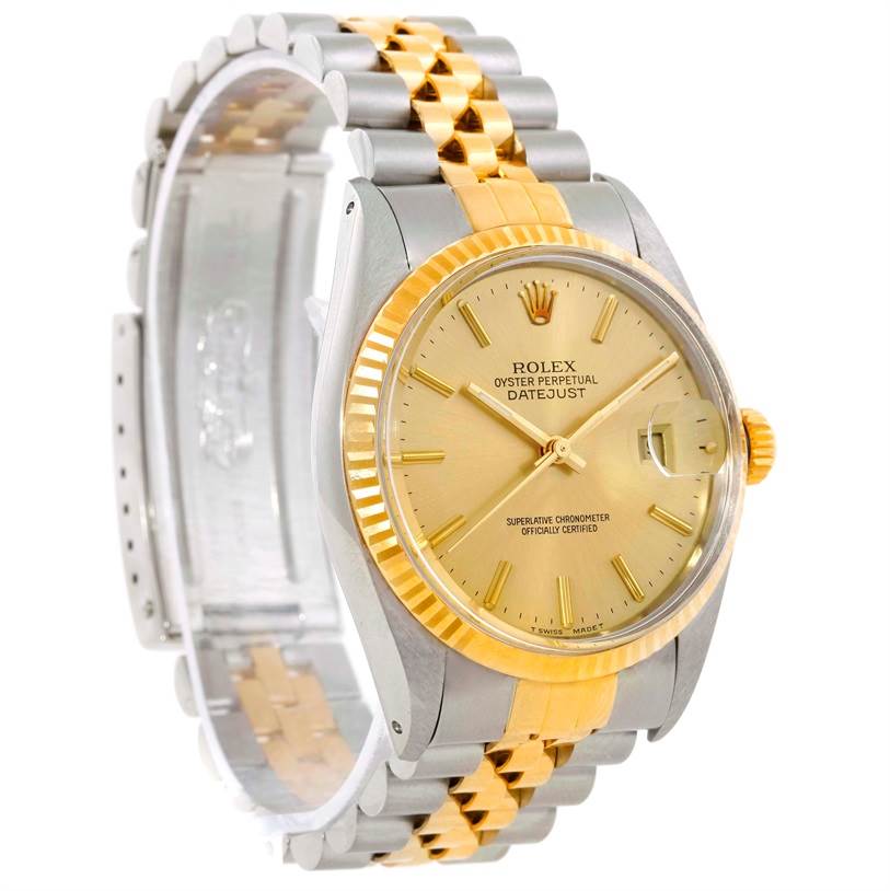 This image shows the Rolex Datejust 16013 Men's Stainless Steel Silver Dial 16013 Men's Stainless Steel Silver Dial watch from a three-quarter angle, including the face, bezel, case, and the bi-color bracelet.