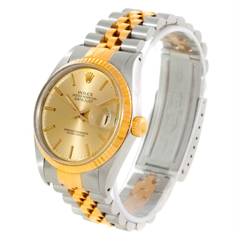 The image shows a Rolex Datejust 16013 Men's Stainless Steel Silver Dial 16013 Men's Stainless Steel Silver Dial watch at a front angled view, highlighting the gold and silver bezel, dial, and bracelet.