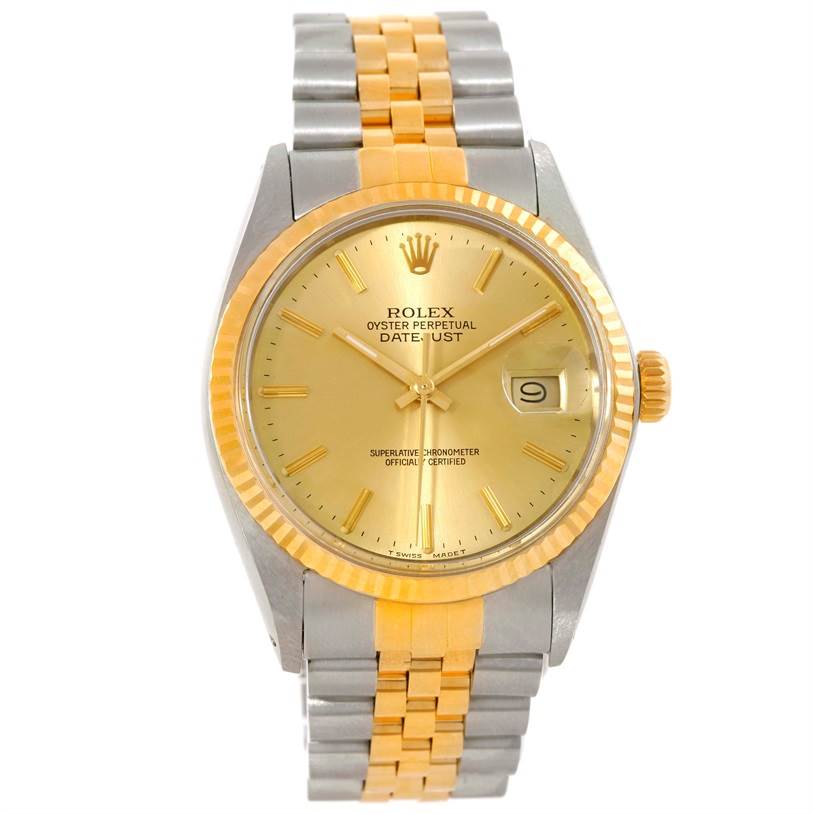 This image shows a front view of a Rolex Datejust 16013 Men's Stainless Steel Silver Dial 16013 Men's Stainless Steel Silver Dial watch, featuring a gold dial, fluted bezel, and two-tone metal bracelet.