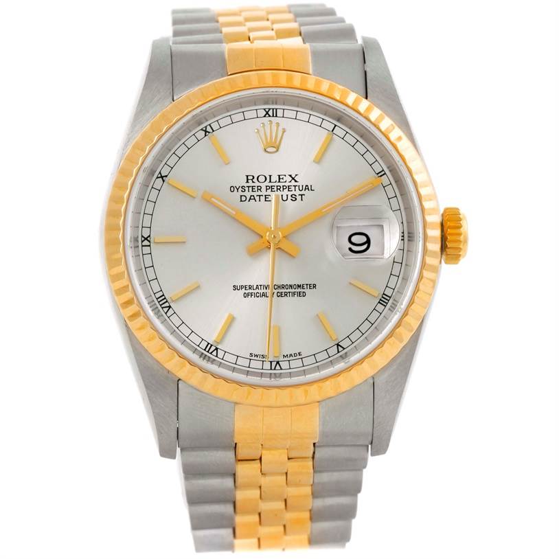 This image shows a Rolex Datejust 16233 Men's Steel and Gold (two tone) Silver Dial 16233 Men's Steel and Gold (two tone) Silver Dial model watch from a frontal angle, displaying the dial, bezel, and bracelet.