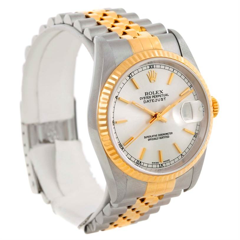This image shows a Rolex Datejust 16233 Men's Steel and Gold (two tone) Silver Dial 16233 Men's Steel and Gold (two tone) Silver Dial watch at a slight angle, highlighting its dial, fluted bezel, and two-tone bracelet.