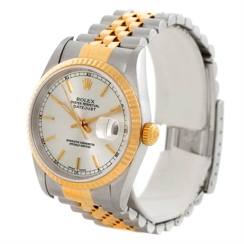The image shows a Rolex Datejust 16233 Men's Steel and Gold (two tone) Silver Dial 16233 Men's Steel and Gold (two tone) Silver Dial watch at a three-quarter angle, highlighting the dial, bezel, crown, and Jubilee bracelet.