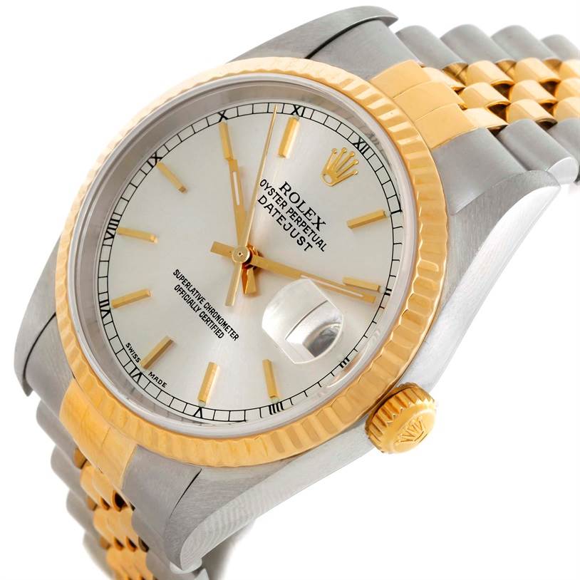 The image shows a close-up, angled view of a Rolex Datejust 16233 Men's Steel and Gold (two tone) Silver Dial 16233 Men's Steel and Gold (two tone) Silver Dial watch, highlighting the dial, bezel, and bracelet.