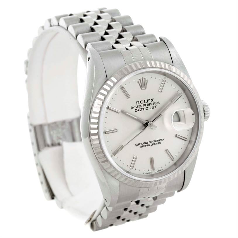 The Rolex Datejust 16234 Men's Stainless Steel Silver Dial 16234 Men's Stainless Steel Silver Dial watch is shown at a slight angle, highlighting the face, bezel, crown, and bracelet.