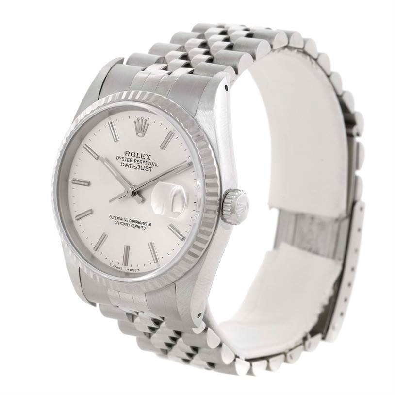 The Rolex Datejust 16234 Men's Stainless Steel Silver Dial 16234 Men's Stainless Steel Silver Dial watch is displayed at a slight angle showing the face, bezel, crown, and part of the bracelet.