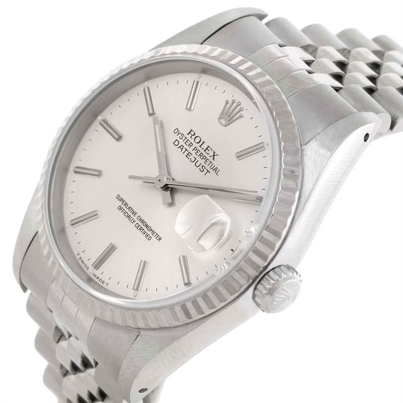 This Rolex Datejust 16234 Men's Stainless Steel Silver Dial 16234 Men's Stainless Steel Silver Dial watch is shown at a slight angle, displaying the dial, crown, and part of the bracelet.