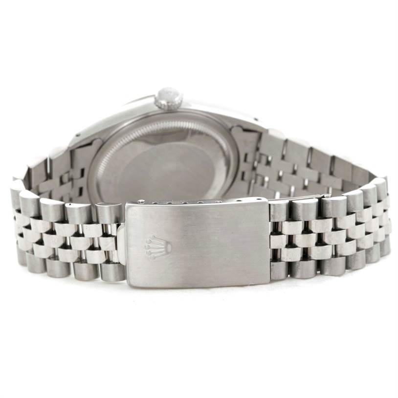 The image shows the back and clasp of a Rolex Datejust 16234 Men's Stainless Steel Silver Dial 16234 Men's Stainless Steel Silver Dial watch, highlighting the Jubilee bracelet and Rolex logo on the clasp.